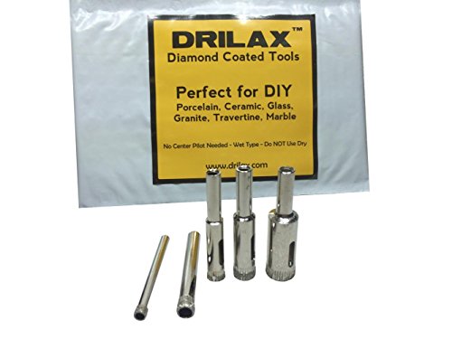 Drilax 5 Pcs Diamond Drill Bit Set 3/16 inch , 1/4 inch , 5/16 inch , 3/8 inch , 1/2 inch – Wet Use for Tiles, Glass, Fish Tanks, Marble, Granite, Ceramic, Porcelain, Bottles, Quartz – Diamond Coated Diamond Hole Saws, Diamond Drill Bits, and Tools