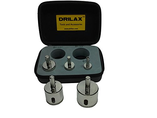 Drilax Diamond Tipped Drill Bit Hole Saw Set of 5 Sizes : 3/4 inch , 1 inch , 1-1/4 inch , 1-1/2 inch , 1-3/4 inch – Longer Drill Body for Deeper Cuts in PU Storage Case Wet Use for Drilling Diamond Hole Saws, Diamond Drill Bits, and Tools