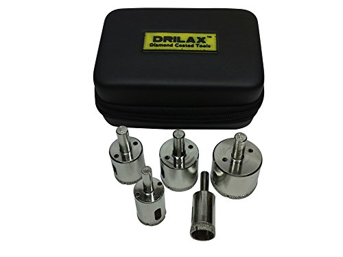 Drilax Diamond Drill Bit Hole Saw Set of 5 Different Sizes: 3/4 inch , 1 inch , 1-3/16 inch , 1-3/8 inch , 1-5/8 inch – Longer Drill Body for Deeper Cuts – in PU Storage Case – Use Wet for Drilling Diamond Hole Saws, Diamond Drill Bits, and Tools