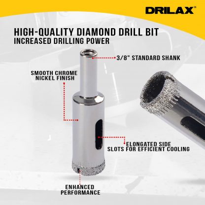 Drilax Diamond Coated Drill Bit Hole Saw Size 7/8 inch in Inch Glass, Marble, Granite, Ceramic Porcelain Tiles, Bottles, Fish Tanks, Stones, Rocks, Gems DIY Kitchen, Bathroom Renovation Drilling Diamond Drill Bits (1mm to 7/8 inch) Diamond Hole Saws, Diamond Drill Bits, and Tools