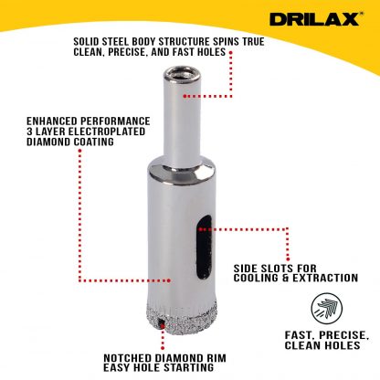 Drilax Diamond Coated Drill Bit Hole Saw Size 7/8 inch in Inch Glass, Marble, Granite, Ceramic Porcelain Tiles, Bottles, Fish Tanks, Stones, Rocks, Gems DIY Kitchen, Bathroom Renovation Drilling Diamond Drill Bits (1mm to 7/8 inch) Diamond Hole Saws, Diamond Drill Bits, and Tools