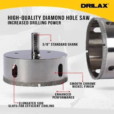 Drilax 3 inch Diamond Hole Saw Drill Bit Chrome Series Diamond Hole Saw Drill Bits (1 inch to 4 inches) Diamond Hole Saws, Diamond Drill Bits, and Tools
