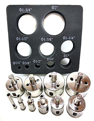 Diamond Drill Bit Hole Saw Set Guide Included 10 Pieces 1/4, 3/8, 1/2 (0.5 Inch), 3/4, 1, 1 1/4, 1 3/8, 1 1/2, 1 3/4, 2 inches Kitchen Bath Faucet Drilling Ceramic Porcelain Tiles Glass Granite Quartz Diamond Hole Saw Sets Diamond Hole Saws, Diamond Drill Bits, and Tools