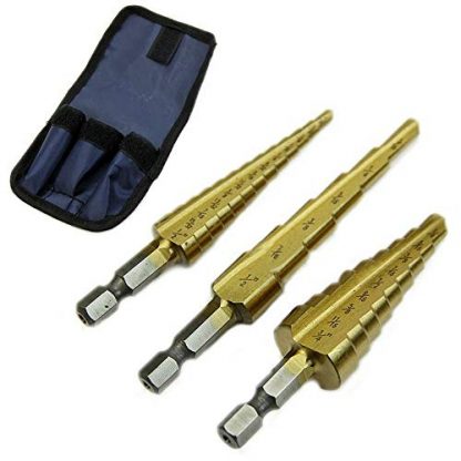 DRILAX 3pcs Quick-Change 1/4″ Hex Shank Larger Titanium Coated Step Drill Bit 28 Hole Sizes 2-Flute Adapters - Attachments Diamond Hole Saws, Diamond Drill Bits, and Tools