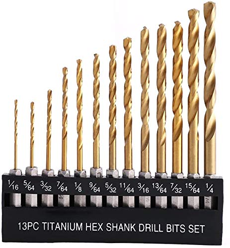Aluminum Alloy and Plastic Wood 1/16 to 1/4 CaRoller Drill Bit Set 13 Piece Twist Hex Shank Quick Change High Speed Steel Titanium Coating for Metal 